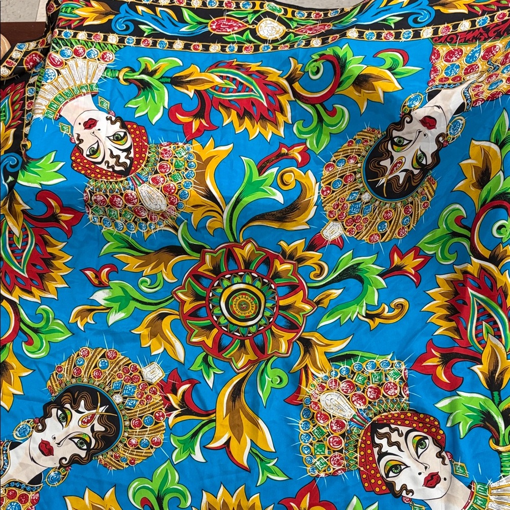 Bob Mackie Vibrant Blue Baroque Face Print Vintage Scarf